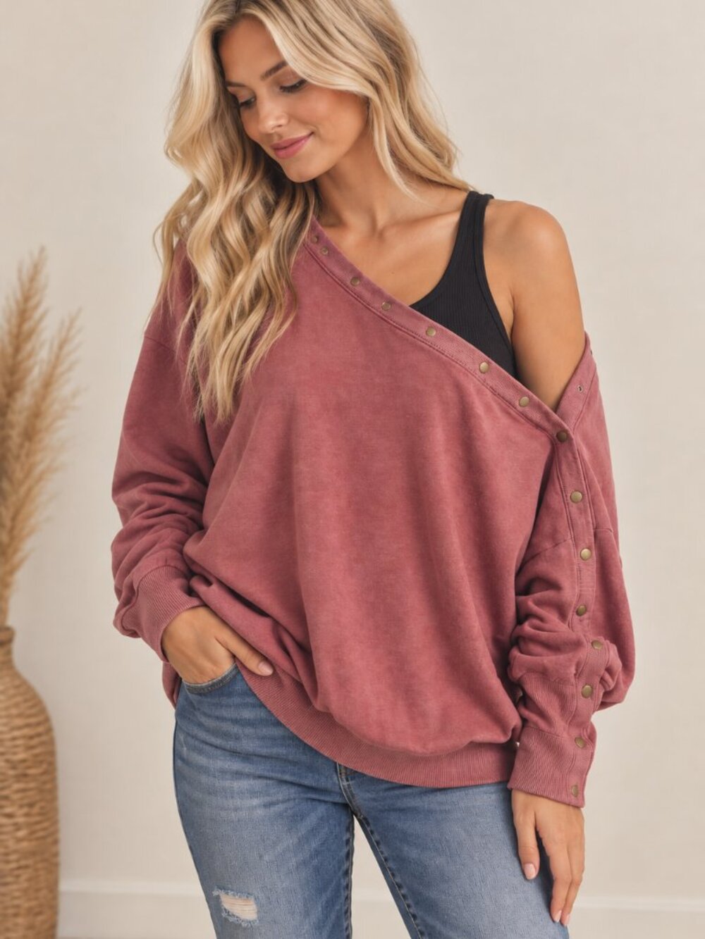 431. Women's Mauve Snap Button Off-the-shoulder Sweatshirt - Picture 1 of 1
